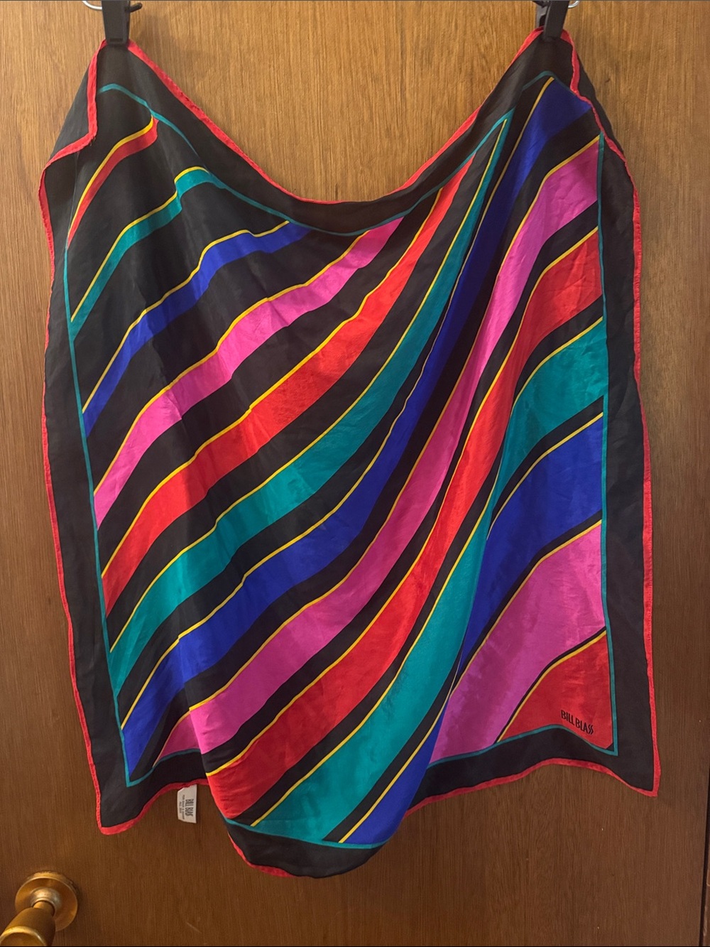bill blass Red, Teal and Black Framed Silk Scarf